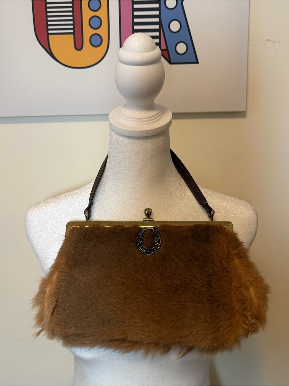 50s 60s Vintage Kangaroo Fur Frame Clutch with Leather Strap